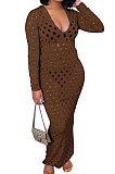 Blue Women Long Sleeve Sexy V Neck Club Hole Long Dress FMM2057-1
