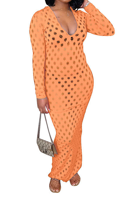 Coffee Women Long Sleeve Sexy V Neck Club Hole Long Dress FMM2057-6