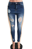 Dark Blue Casual Hole Tassel Trendy Jeans Long Pants SN3658