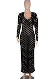Army Green Women Long Sleeve Sexy V Neck Club Hole Long Dress FMM2057-5