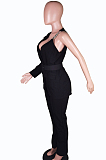 Yellow Fashion One Sleeve Chain Long Sleeve V Neck Belt Long Pants Suit Two-Piece BS1283-4