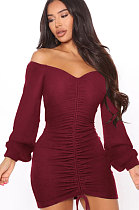 Wine Red Women Off Shoulder Long Sleeve Loose Solid Color Shirred Detail Mini Dress FMM2065-3