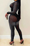 Black Hot Drilling Fashion Long Sleeve V Neck Long Pants Sets XZ5206-1
