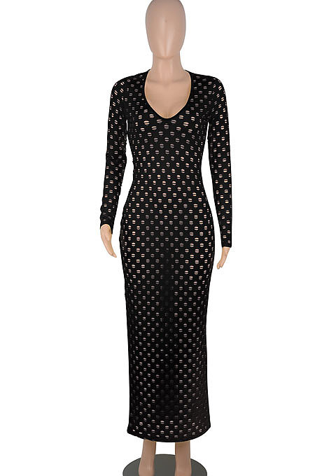 Coffee Women Long Sleeve Sexy V Neck Club Hole Long Dress FMM2057-6