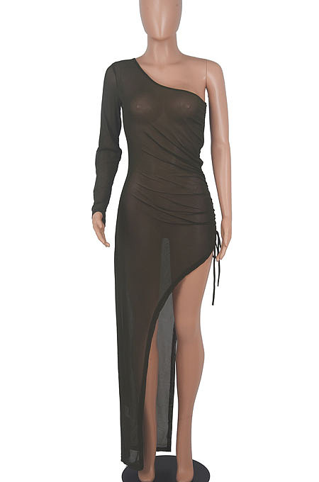 Army Green Euramerican Women Sexy Bodycon Club Long Sleeve Split Long Dress FMM2058-4