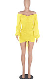 Blue Women Off Shoulder Long Sleeve Loose Solid Color Shirred Detail Mini Dress FMM2065-5
