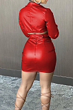 Brown Modest High Elastic Long Sleeve Lapel Neck Deep V Collar Dew Crop  Top High Waist PU Leather Short Skitrs Sets BS1282-4