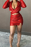 Brown Modest High Elastic Long Sleeve Lapel Neck Deep V Collar Dew Crop  Top High Waist PU Leather Short Skitrs Sets BS1282-4