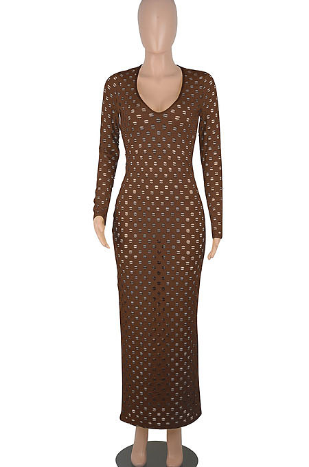 Coffee Women Long Sleeve Sexy V Neck Club Hole Long Dress FMM2057-6