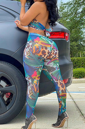 Blue Green Women Sexy Club Halter Neck Backless Bandage Printing Pants Sets SH7273