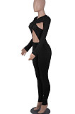 Black Long Sleeve Sexy Tight Club High Waist Solid WaistBodycon Jumpsuits FMM2062-1