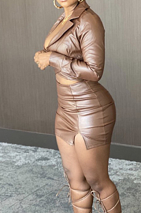 Brown Modest High Elastic Long Sleeve Lapel Neck Deep V Collar Dew Crop  Top High Waist PU Leather Short Skitrs Sets BS1282-4