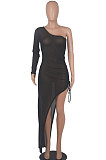 Black Euramerican Women Sexy Bodycon Club Long Sleeve Split Long Dress FMM2058-3