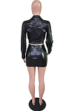 Brown Modest High Elastic Long Sleeve Lapel Neck Deep V Collar Dew Crop  Top High Waist PU Leather Short Skitrs Sets BS1282-4