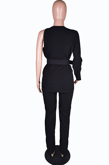 Yellow Fashion One Sleeve Chain Long Sleeve V Neck Belt Long Pants Suit Two-Piece BS1283-4