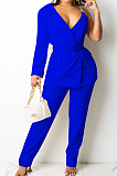 Blue Fashion One Sleeve Chain Long Sleeve V Neck Belt Long Pants Suit Two-Piece BS1283-2