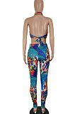 Blue Green Women Sexy Club Halter Neck Backless Bandage Printing Pants Sets SH7273