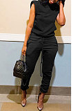 Black Women Trendy Casual Solid Color Shoulder Pads Sleeveless Pants Sets MR2114-1