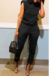 Black Women Trendy Casual Solid Color Shoulder Pads Sleeveless Pants Sets MR2114-1