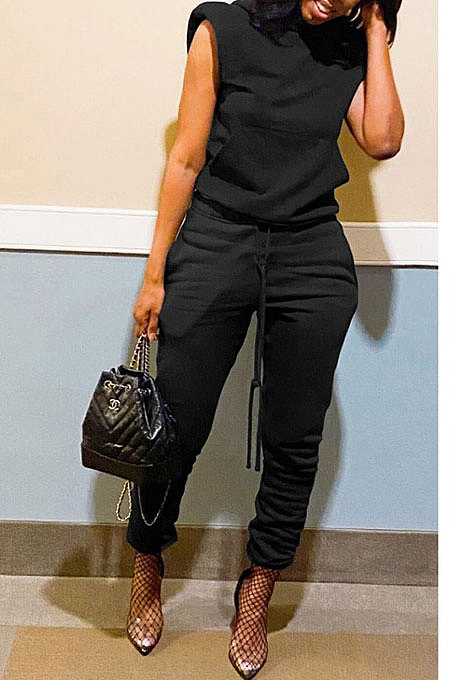 Black Women Trendy Casual Solid Color Shoulder Pads Sleeveless Pants Sets MR2114-1