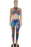 Blue Green Women Sexy Club Halter Neck Backless Bandage Printing Pants Sets SH7273