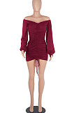 Blue Women Off Shoulder Long Sleeve Loose Solid Color Shirred Detail Mini Dress FMM2065-5