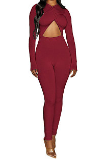 Wine Red Long Sleeve Sexy Tight Club High Waist Solid WaistBodycon Jumpsuits FMM2062-2