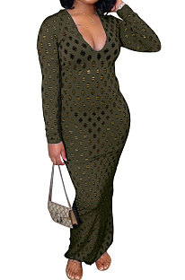 Army Green Women Long Sleeve Sexy V Neck Club Hole Long Dress FMM2057-5