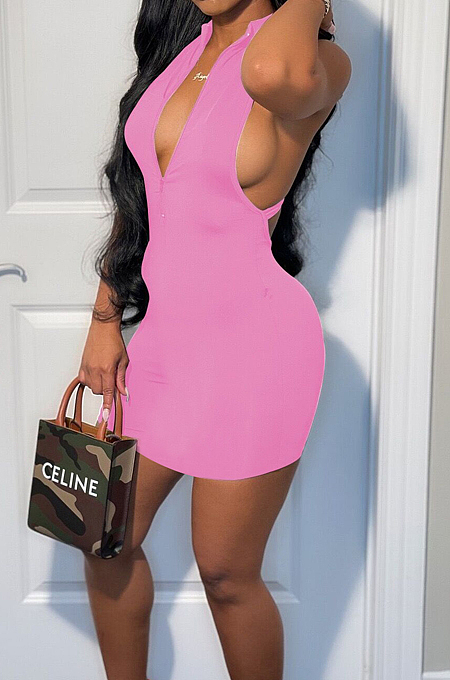 Pink Sleeveless Stand Collar Zipper Back Cross Collect Waist Tank Midi Dress CCN1852-3