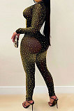 Golden Hot Drilling Fashion Long Sleeve V Neck Long Pants Sets XZ5206-2