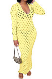 Blue Women Long Sleeve Sexy V Neck Club Hole Long Dress FMM2057-1