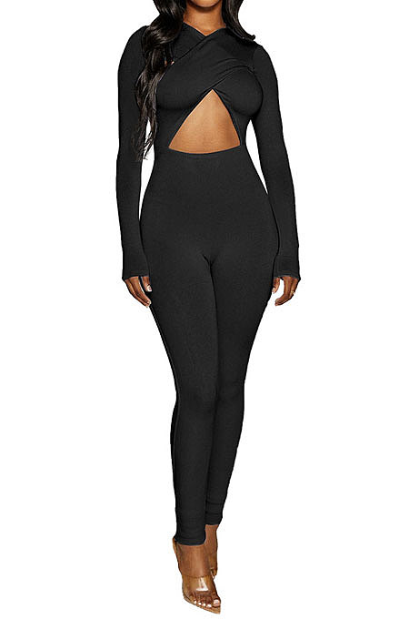 Black Long Sleeve Sexy Tight Club High Waist Solid WaistBodycon Jumpsuits FMM2062-1