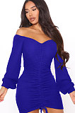 Army Green Women Off Shoulder Long Sleeve Loose Solid Color Shirred Detail Mini Dress FMM2065-6