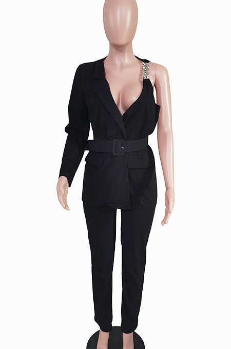 Yellow Fashion One Sleeve Chain Long Sleeve V Neck Belt Long Pants Suit Two-Piece BS1283-4