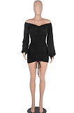 Army Green Women Off Shoulder Long Sleeve Loose Solid Color Shirred Detail Mini Dress FMM2065-6