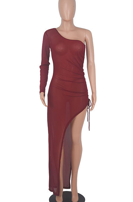 White Euramerican Women Sexy Bodycon Club Long Sleeve Split Long Dress FMM2058-1