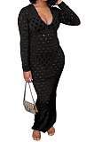 Yellow Women Long Sleeve Sexy V Neck Club Hole Long Dress FMM2057-2