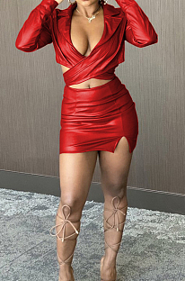 Red Modest High Elastic Long Sleeve Lapel Neck Deep V Collar Dew Crop  Top High Waist PU Leather Short Skitrs Sets BS1282-1