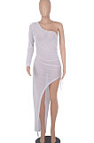 White Euramerican Women Sexy Bodycon Club Long Sleeve Split Long Dress FMM2058-1