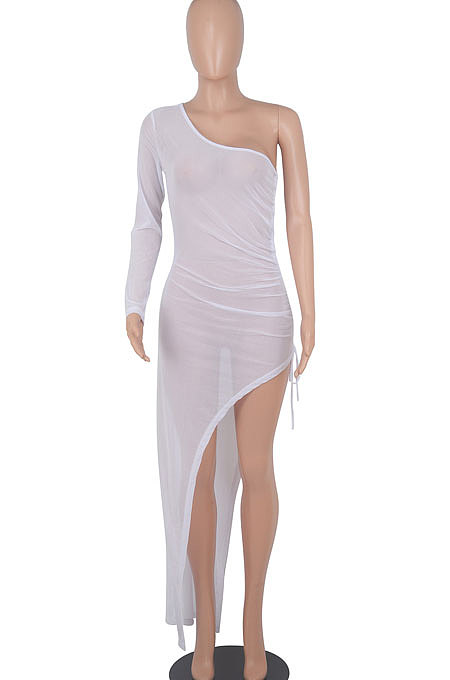 White Euramerican Women Sexy Bodycon Club Long Sleeve Split Long Dress FMM2058-1