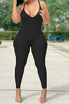 Black Women Sexy Backless Solid Color Club Condole Belt Bodycon Jumpsuits SH7275-1