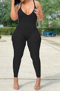 Black Women Sexy Backless Solid Color Club Condole Belt Bodycon Jumpsuits SH7275-1