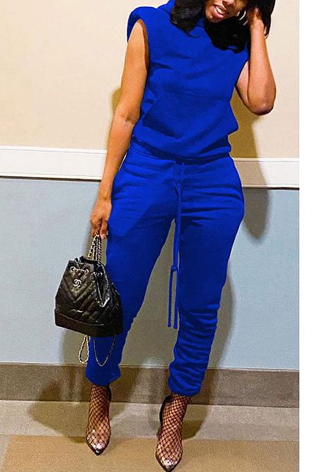 Blue Women Trendy Casual Solid Color Shoulder Pads Sleeveless Pants Sets MR2114-3