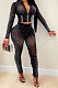 Black Hot Drilling Fashion Long Sleeve V Neck Long Pants Sets XZ5206-1