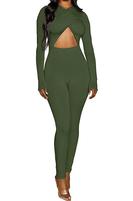 Bright Blue Long Sleeve Sexy Tight Club High Waist Solid WaistBodycon Jumpsuits FMM2062-4