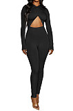 Wine Red Long Sleeve Sexy Tight Club High Waist Solid WaistBodycon Jumpsuits FMM2062-2