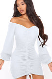 Black Women Off Shoulder Long Sleeve Loose Solid Color Shirred Detail Mini Dress FMM2065-4