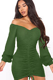 Black Women Off Shoulder Long Sleeve Loose Solid Color Shirred Detail Mini Dress FMM2065-4