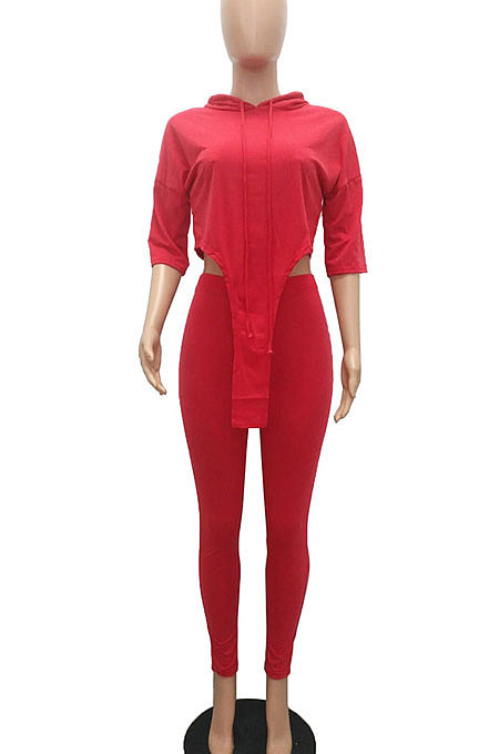Blue Women Fashion Casual Pure Color Personality Blouse Hooded Long Panst Sets MR2101-7