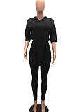 Black Women Fashion Casual Pure Color Personality Blouse Hooded Long Panst Sets MR2101-5